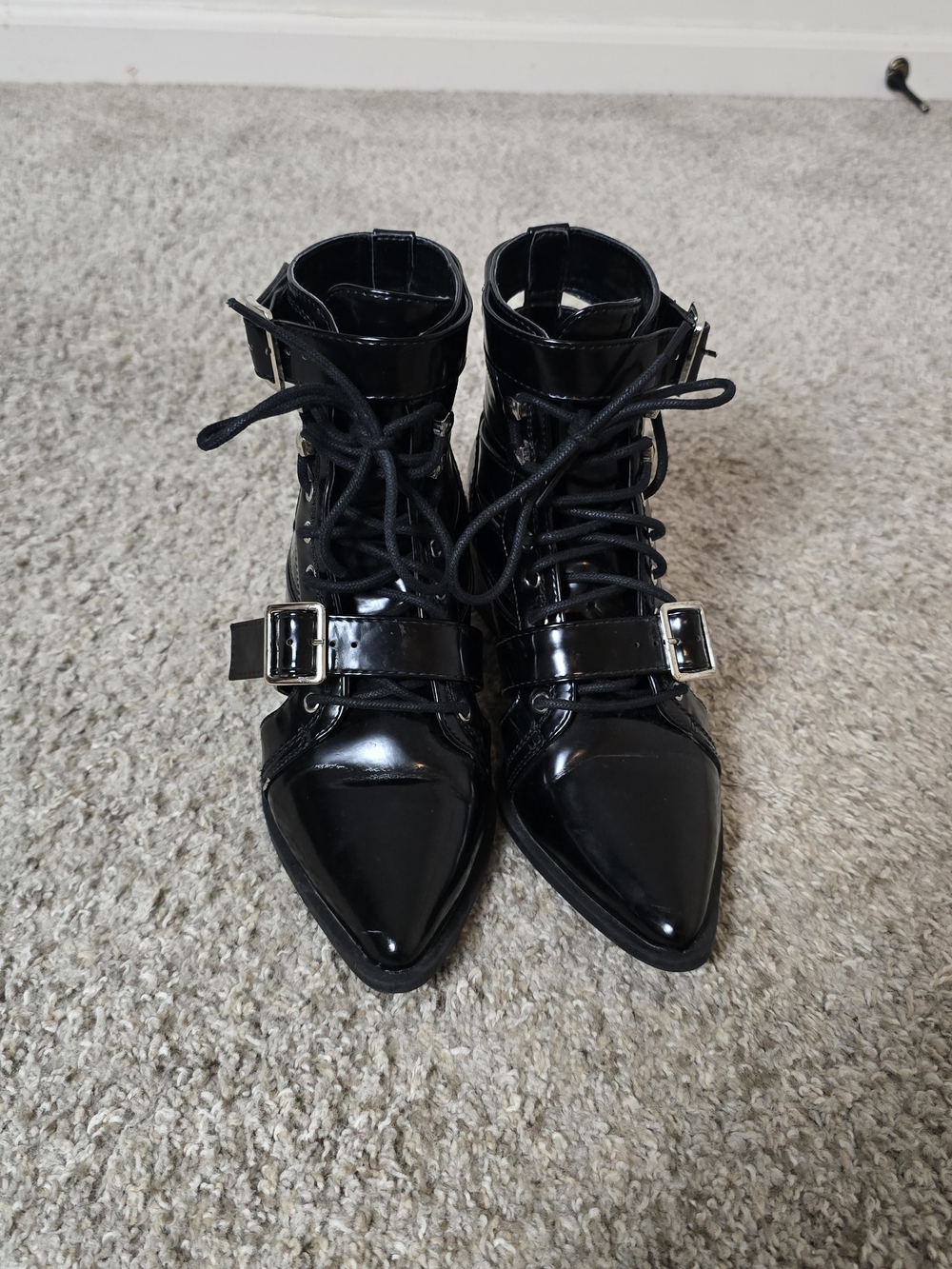 Patent Black Pointed Combat Boots with Buckle Straps, Witchy, Gothic, Size 6 US